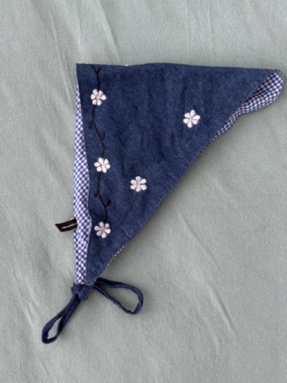 Vintage Reversible Denim Gingham Hair Scarf Embroidered Flower Bandana Kerchief